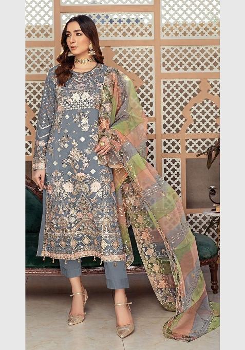 Grey Embroidery Organza Pakistani Suit Set