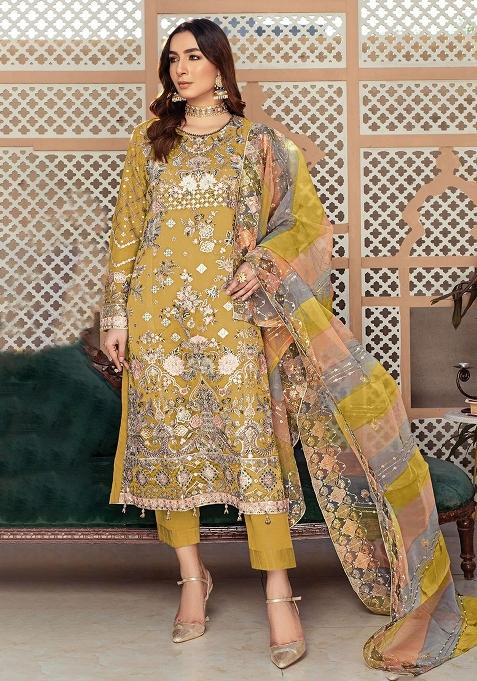 Yellow Embroidery Organza Pakistani Suit Set