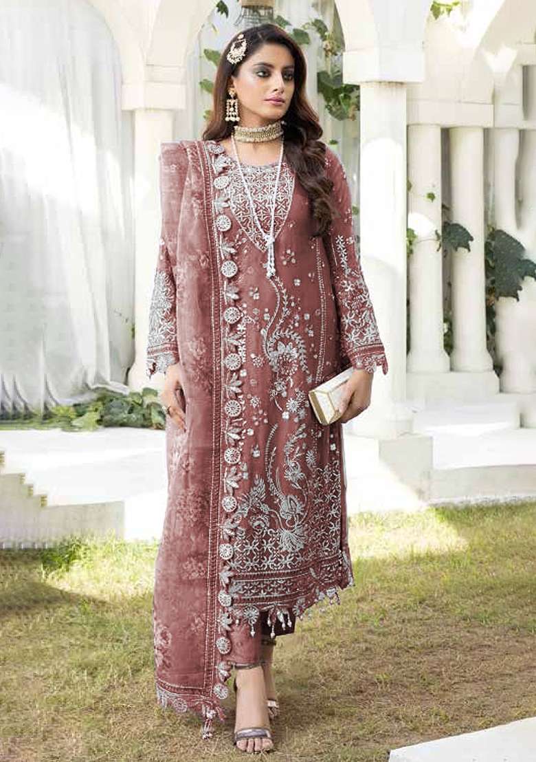 Brown Embroidery Georgette Pakistani Suit Set - Indya