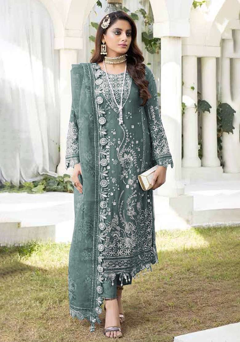 Mehendi Green Embroidery Georgette Pakistani Suit Set - Indya