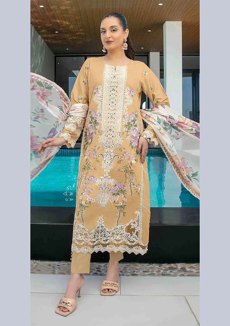 Yellow Embroidery Cotton Pakistani Suit Set - Indya