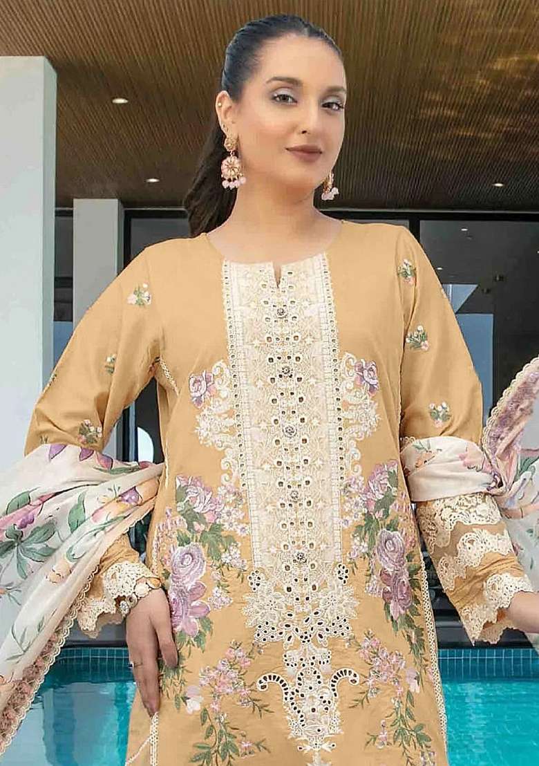 Yellow Embroidery Cotton Pakistani Suit Set - Indya