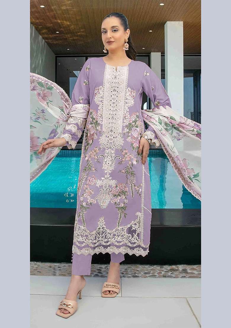 Lavender Embroidery Cotton Pakistani Suit Set - Indya