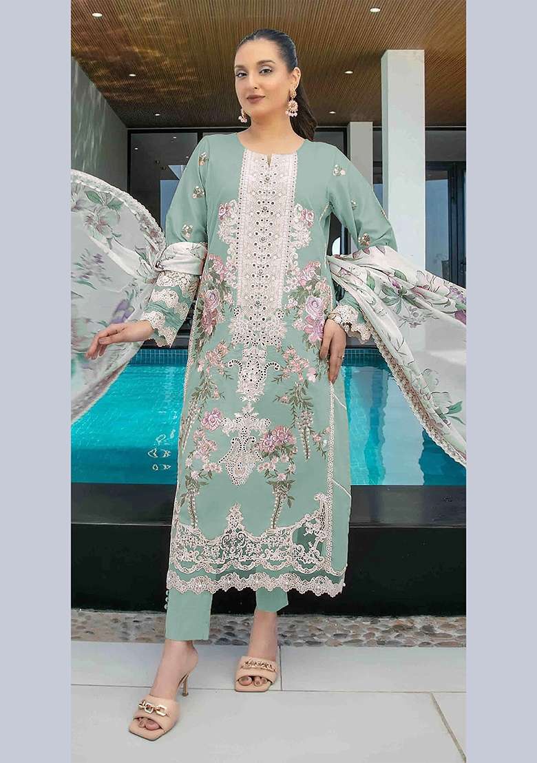 Sky Blue Embroidery Cotton Pakistani Suit Set - Indya