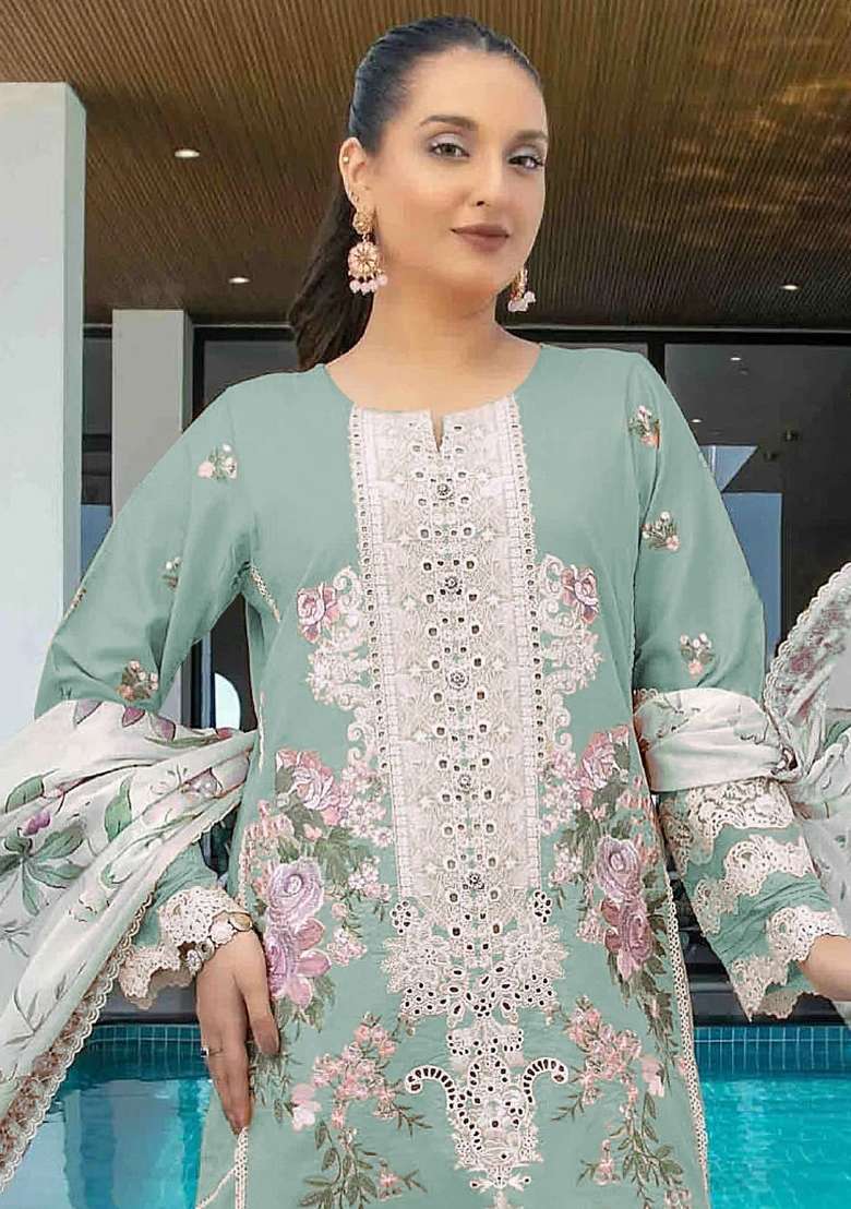 Sky Blue Embroidery Cotton Pakistani Suit Set - Indya