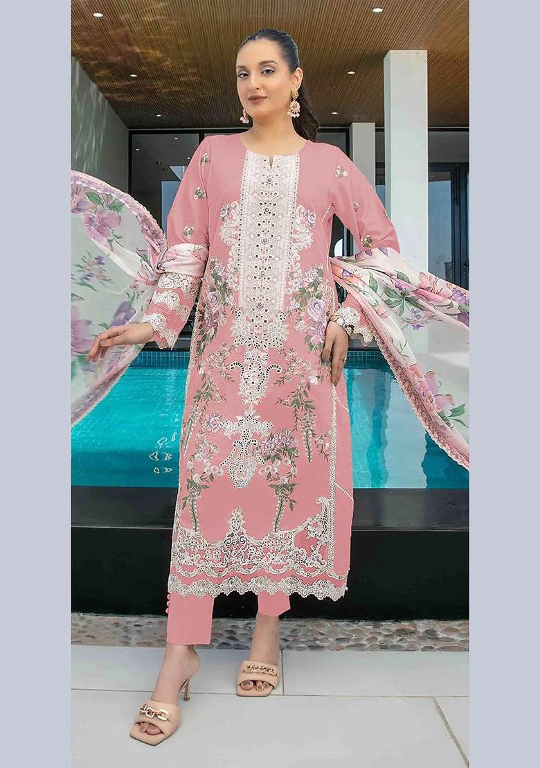 Pink Embroidery Cotton Pakistani Suit Set - Indya