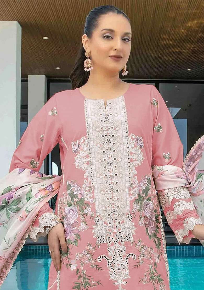 Pink Embroidery Cotton Pakistani Suit Set - Indya