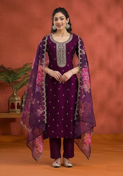Wine Embroidery Vichitra Pakistani Suit Set