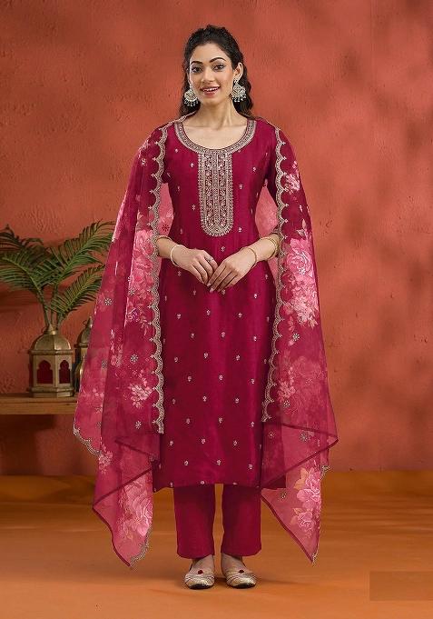 Red Embroidery Vichitra Pakistani Suit Set
