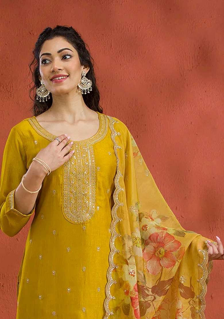 Yellow Embroidery Vichitra Pakistani Suit Set - Indya