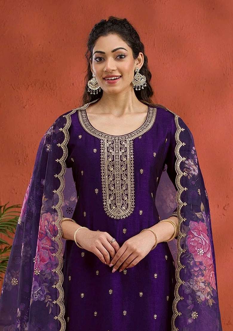 Lavender Embroidery Vichitra Pakistani Suit Set - Indya