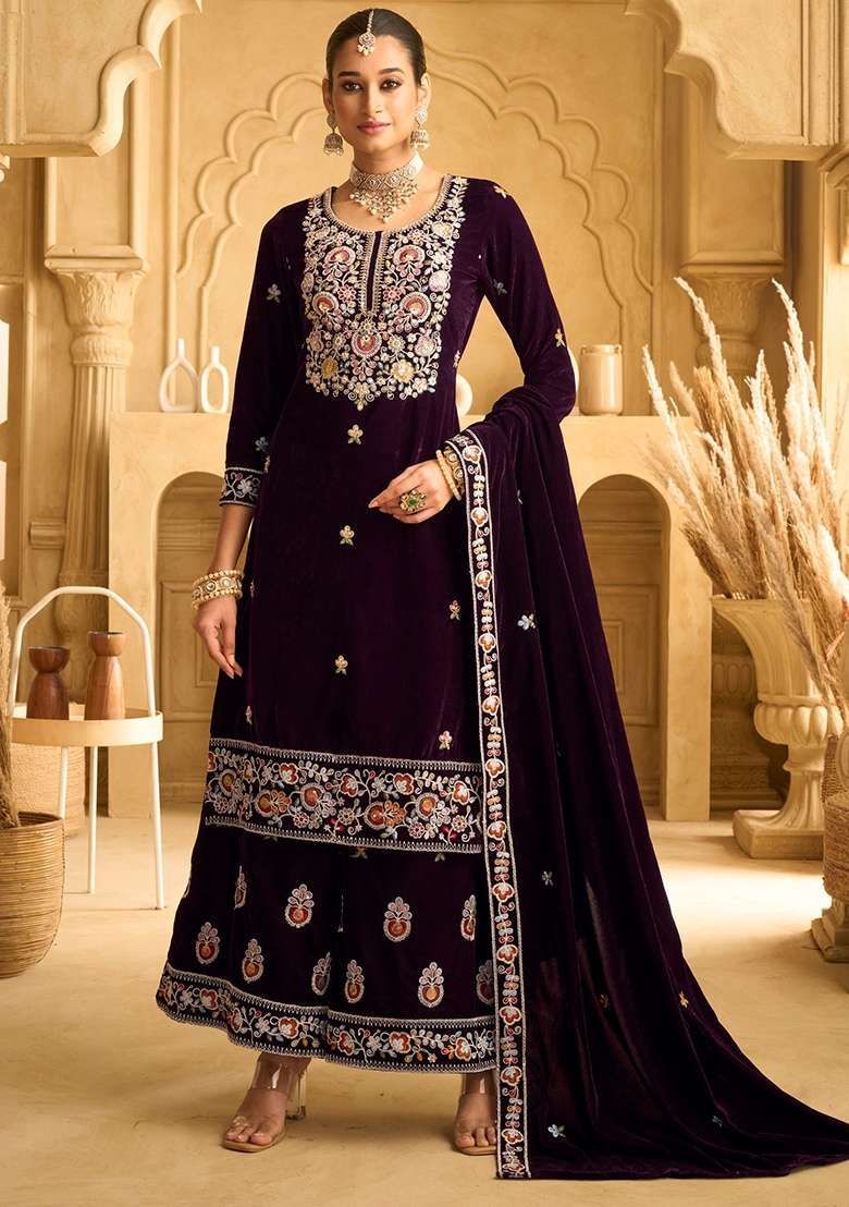 Purple Embroidery Velvet Pakistani Suit Set - Indya