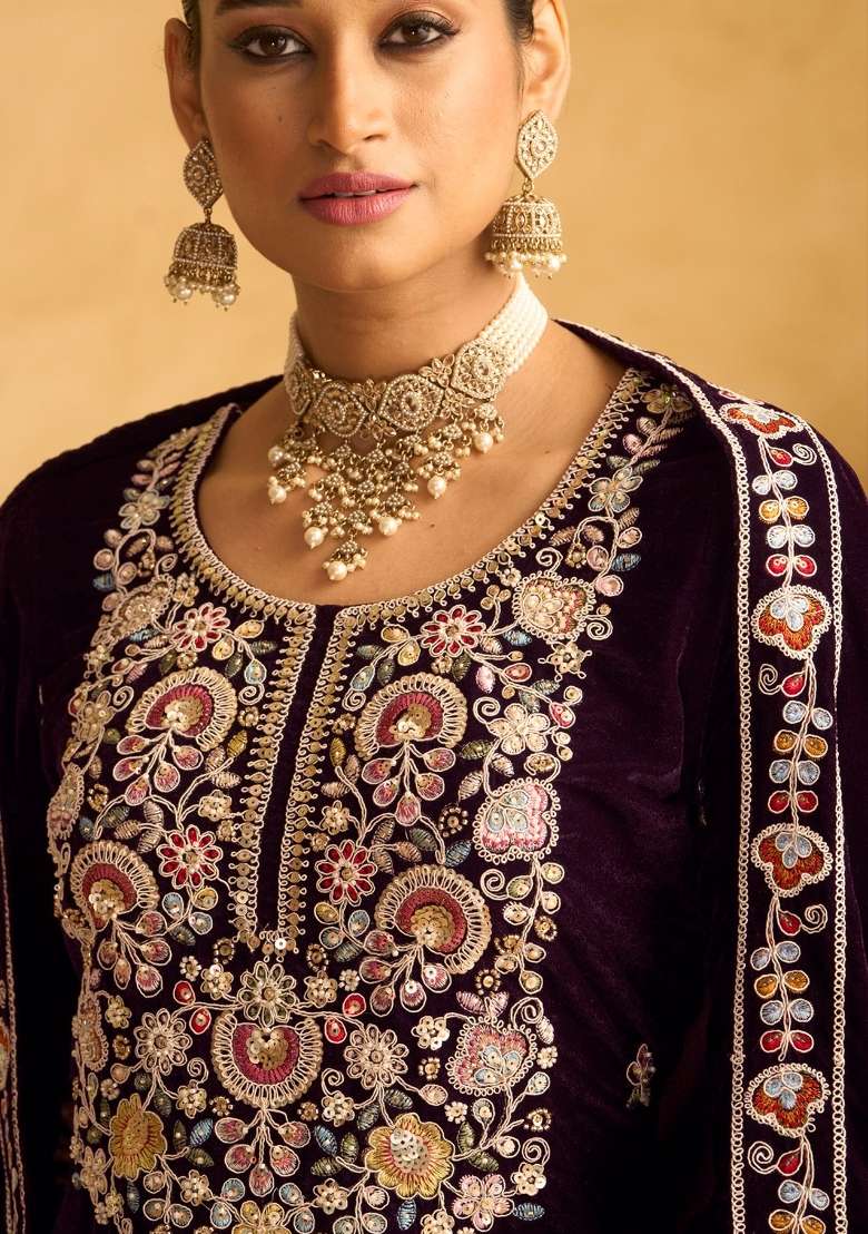 Purple Embroidery Velvet Pakistani Suit Set - Indya