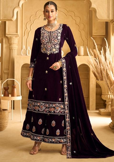 Purple Embroidery Velvet Pakistani Suit Set
