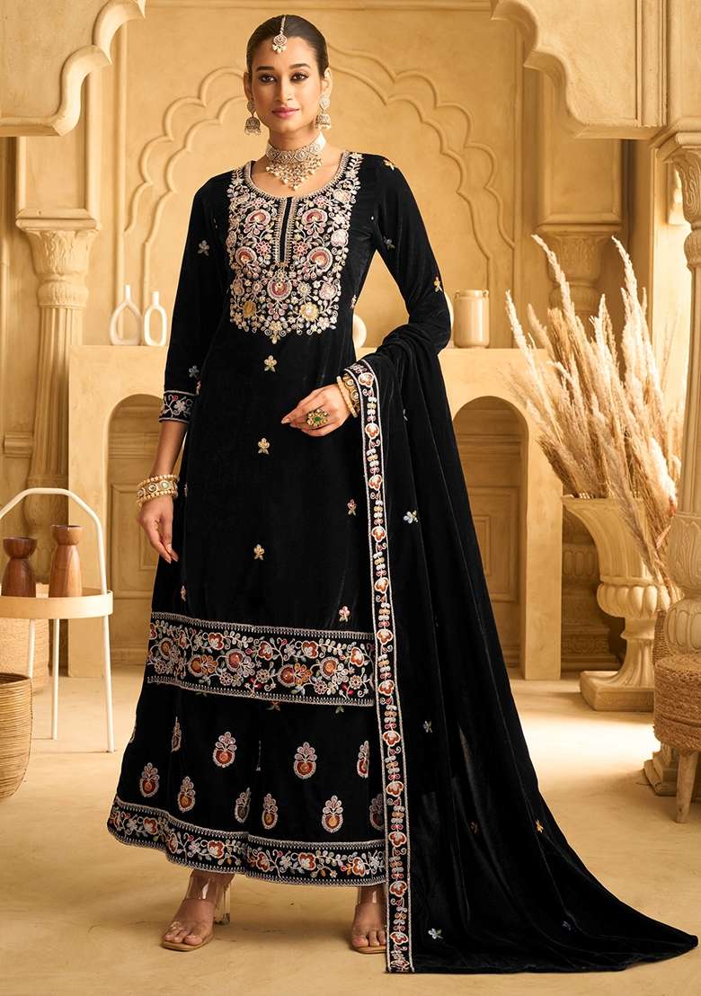 Black Embroidery Velvet Pakistani Suit Set - Indya
