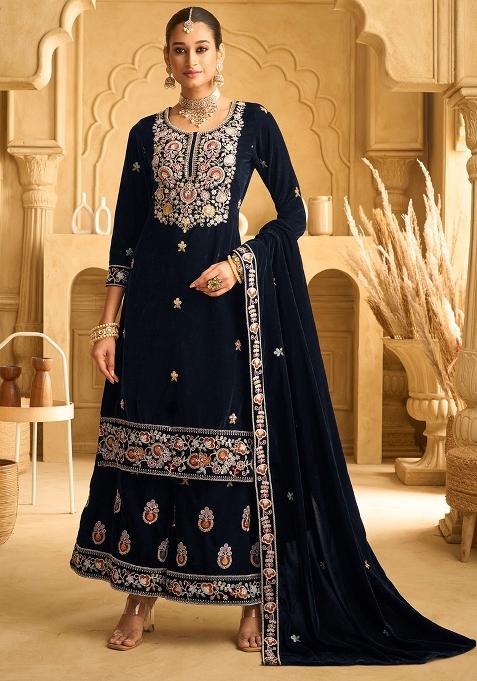 Blue Embroidery Velvet Pakistani Suit Set