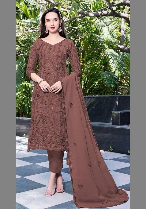 Coffee Embroidery Georgette Pakistani Suit Set