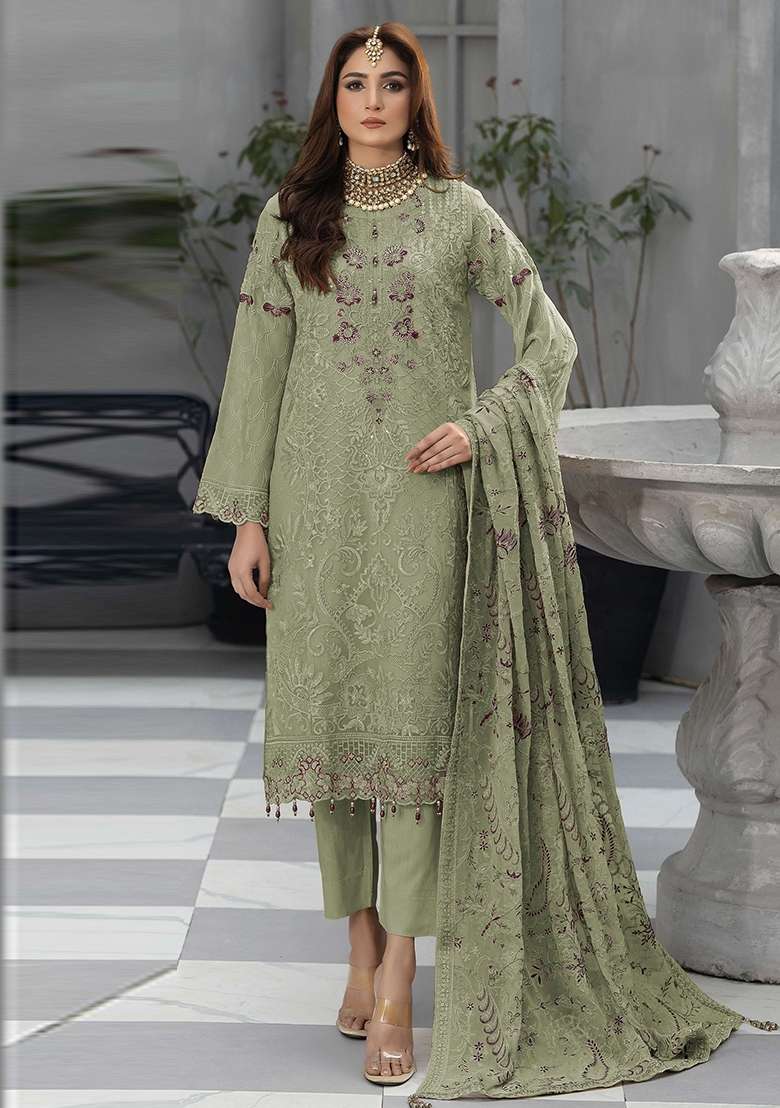 Green Embroidery Georgette Pakistani Suit Set - Indya