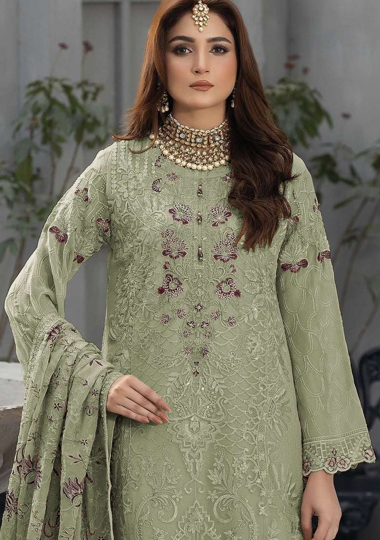 Green Embroidery Georgette Pakistani Suit Set - Indya