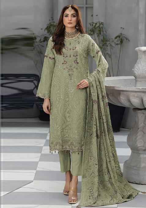 Green Embroidery Georgette Pakistani Suit Set