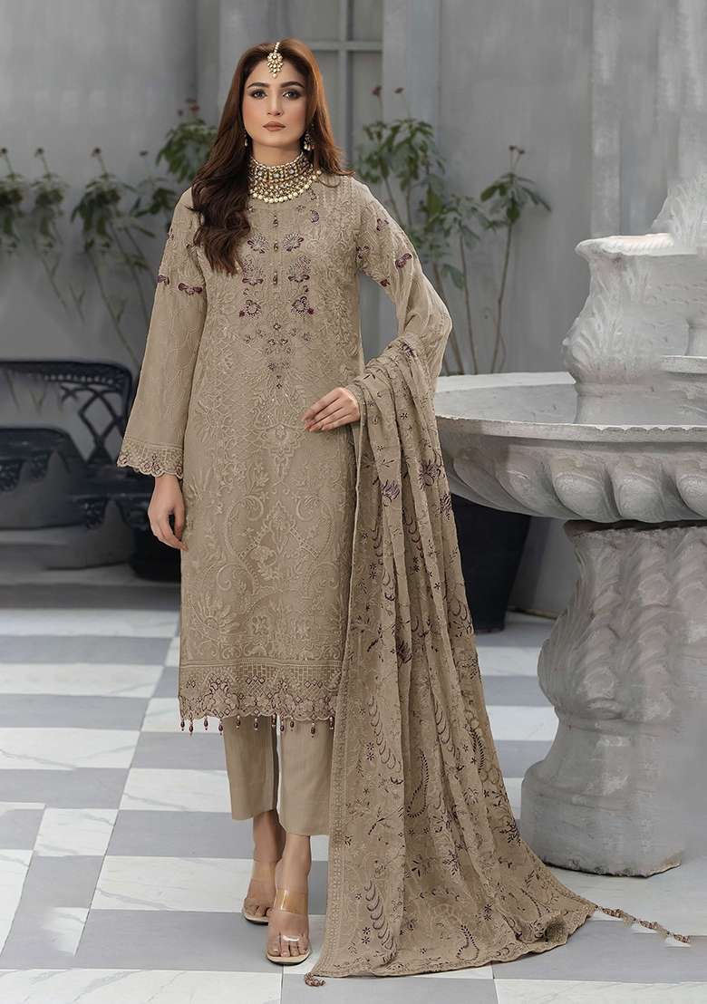 Beige Embroidery Georgette Pakistani Suit Set - Indya