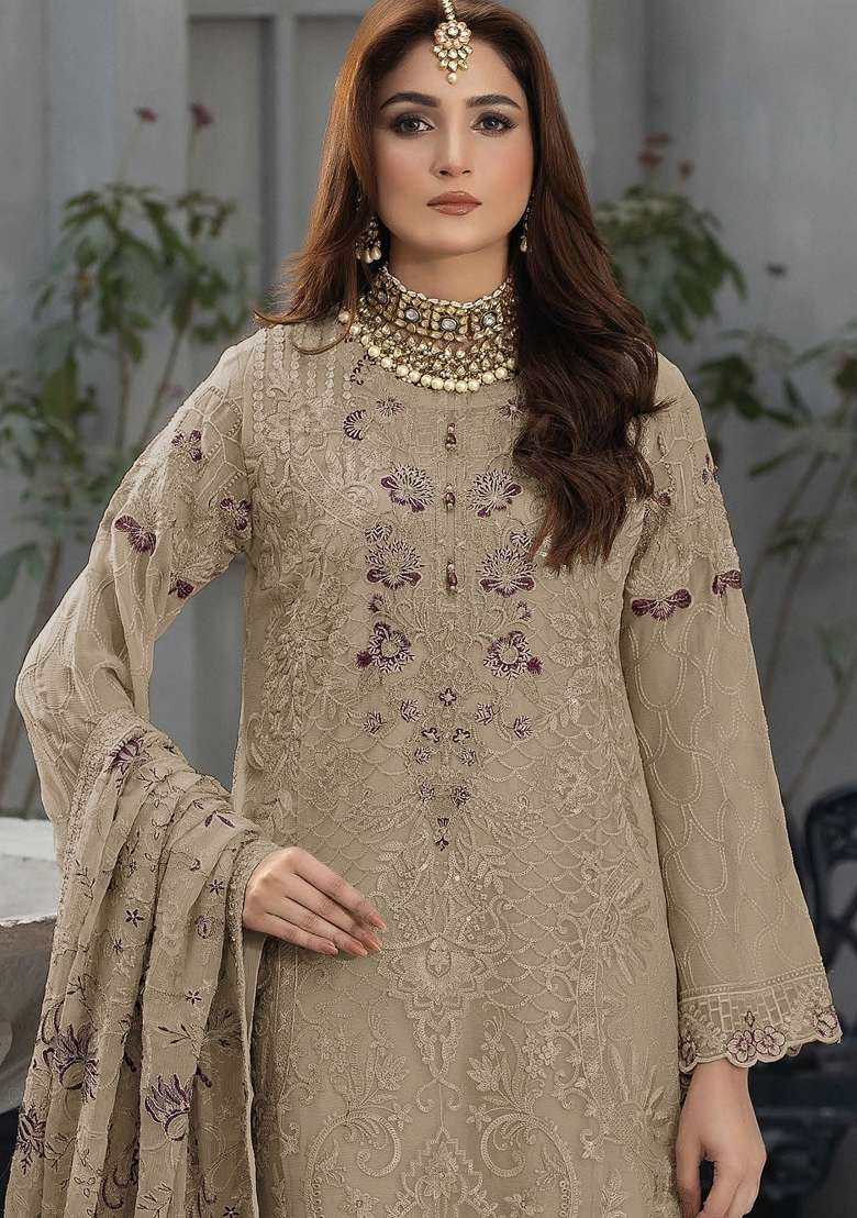 Beige Embroidery Georgette Pakistani Suit Set - Indya