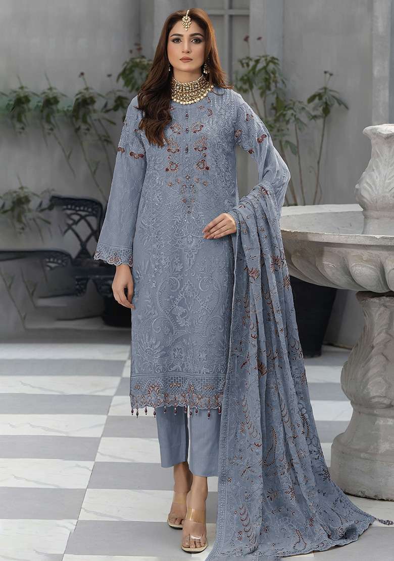 Grey Embroidery Georgette Pakistani Suit Set - Indya
