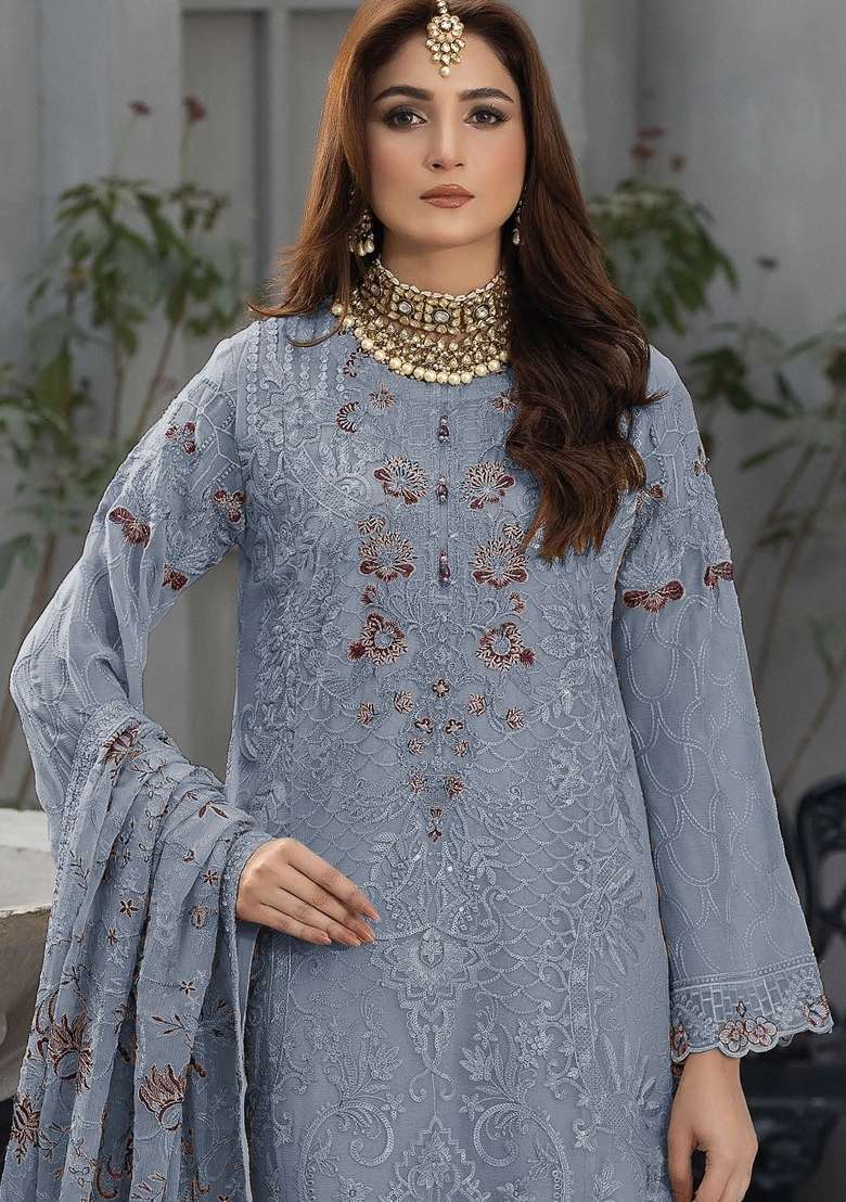 Grey Embroidery Georgette Pakistani Suit Set - Indya