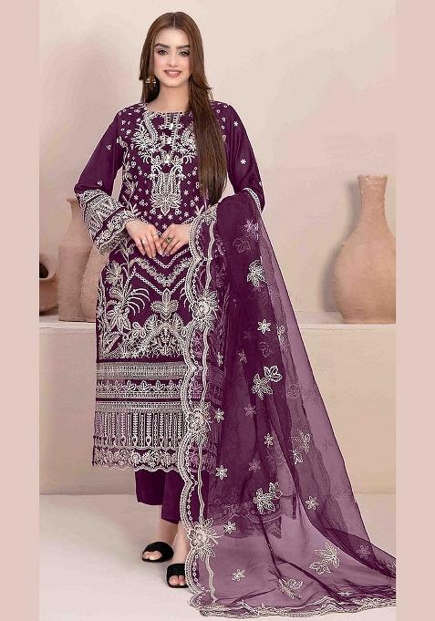 Purple Embroidery Georgette Pakistani Suit Set