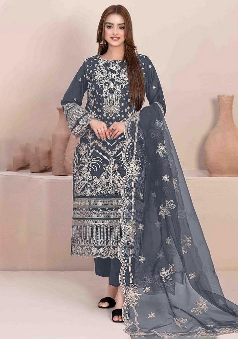 Grey Embroidery Georgette Pakistani Suit Set