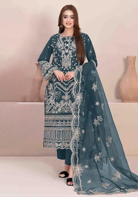 Aqua Blue Embroidery Georgette Pakistani Suit Set