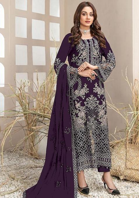 Purple Embroidery Georgette Pakistani Suit Set