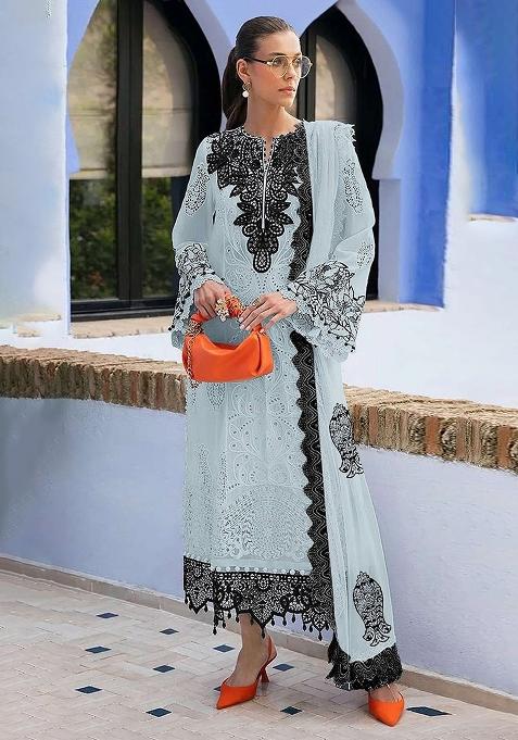 Sky Blue Embroidery Georgette Pakistani Suit Set