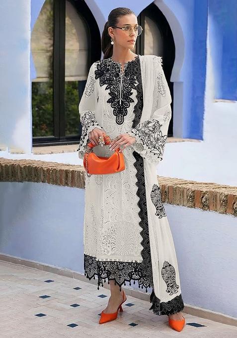 White Embroidery Georgette Pakistani Suit Set