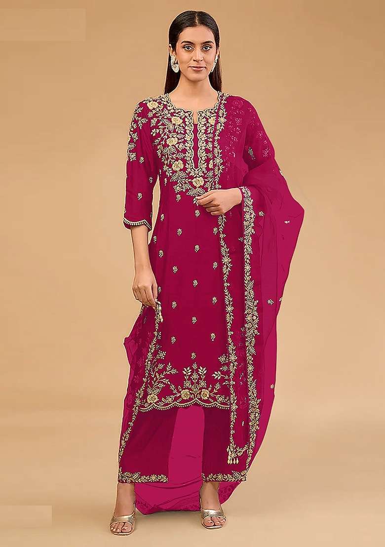 Red Embroidery Vichitra Pakistani Suit Set - Indya
