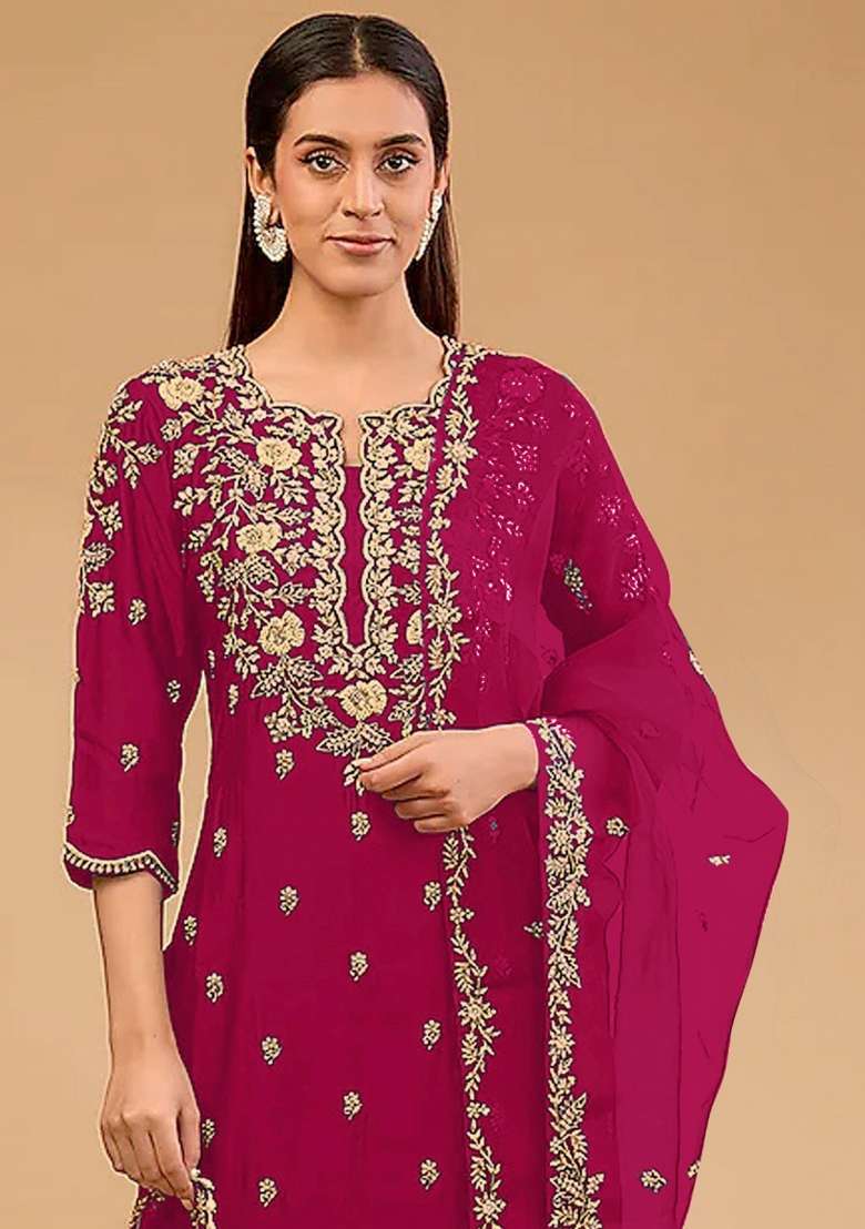 Red Embroidery Vichitra Pakistani Suit Set - Indya