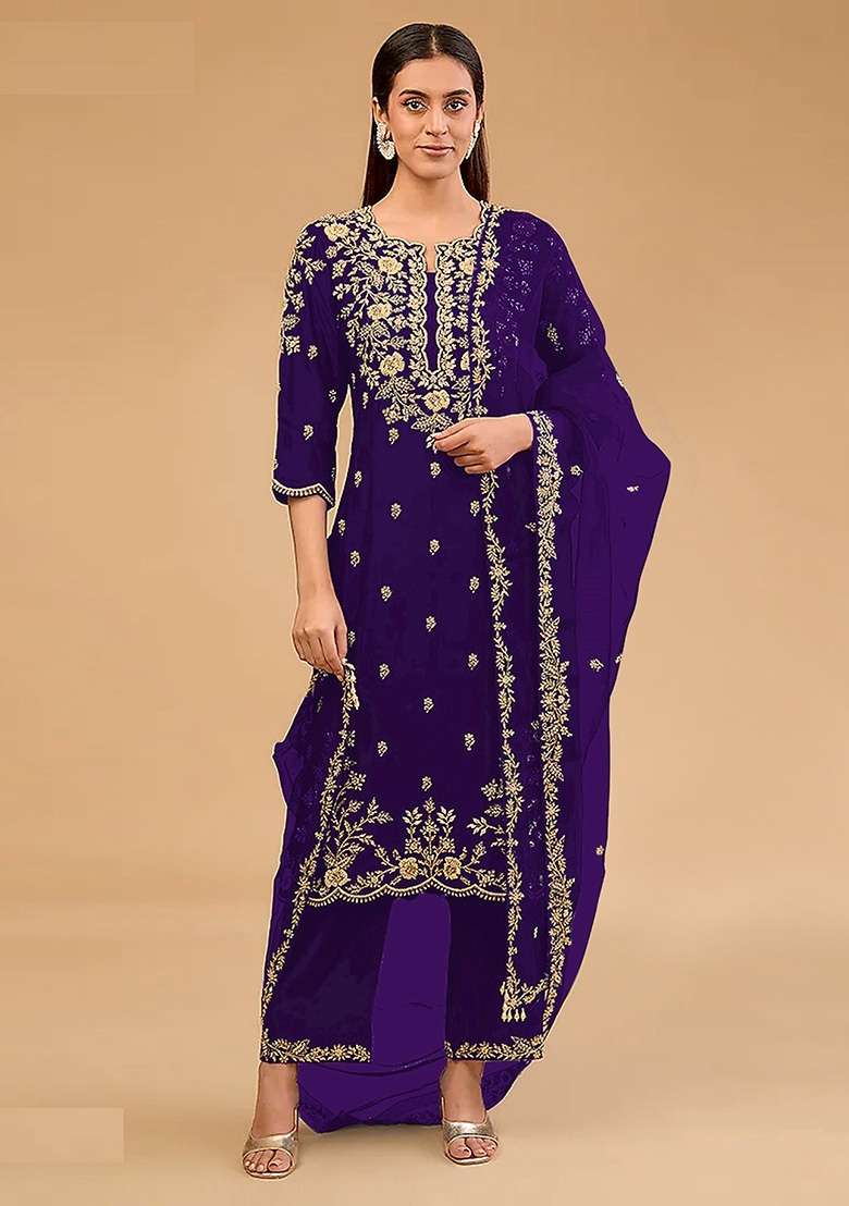 Purple Embroidery Vichitra Pakistani Suit Set - Indya