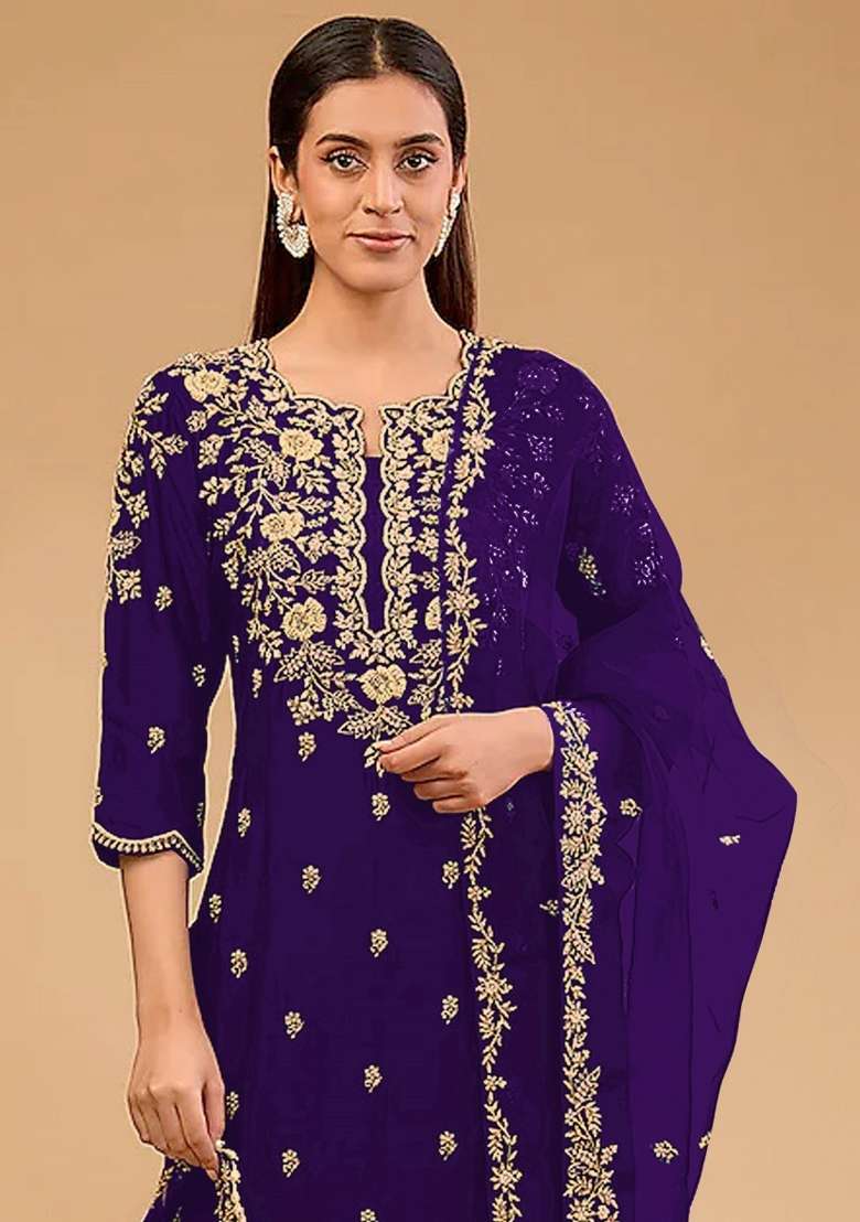 Purple Embroidery Vichitra Pakistani Suit Set - Indya