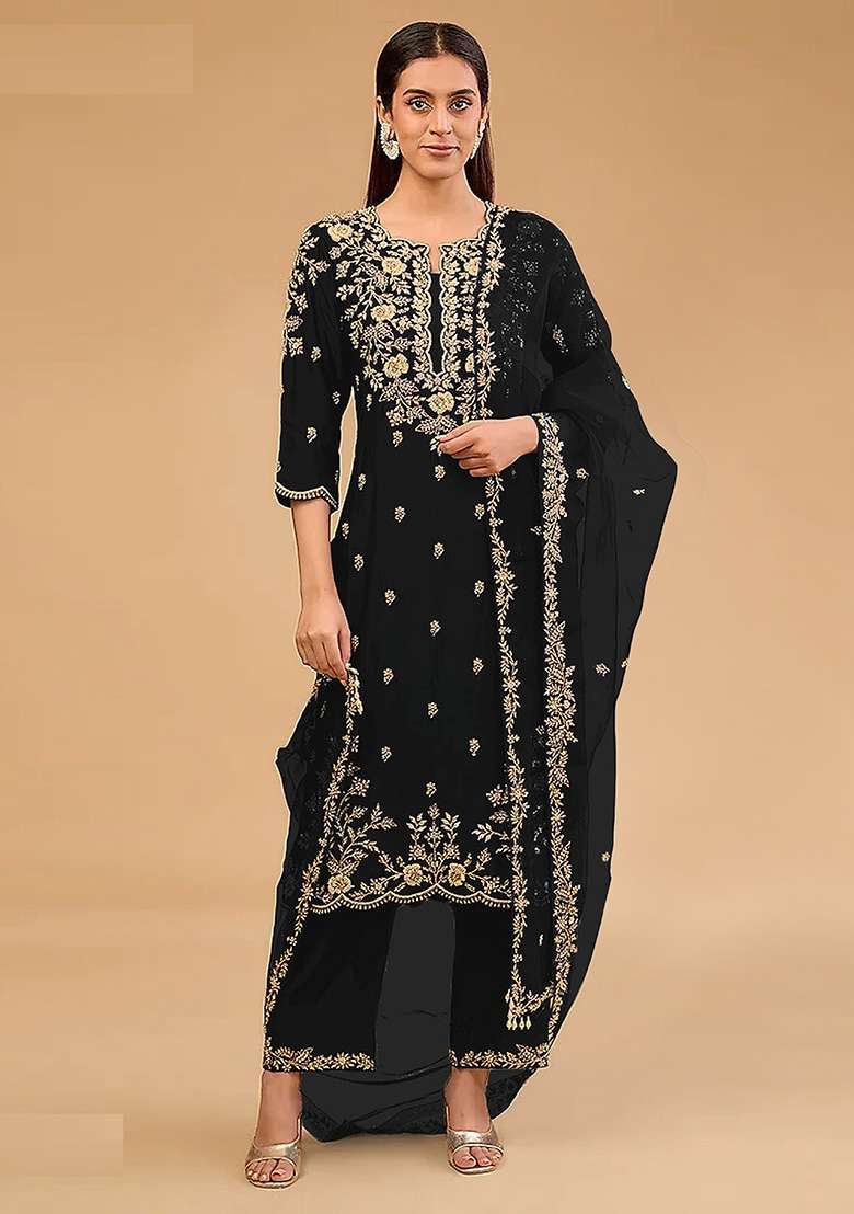 Black Embroidery Vichitra Pakistani Suit Set - Indya