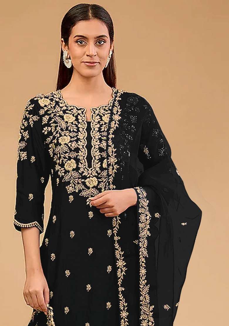 Black Embroidery Vichitra Pakistani Suit Set - Indya