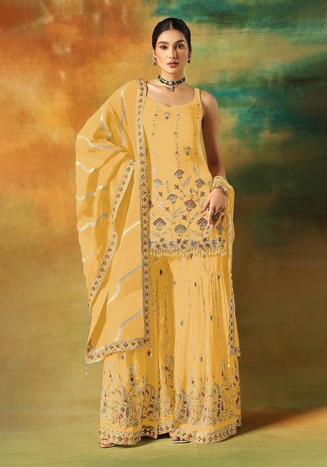 Yellow Embroidery Georgette Pakistani Suit Set