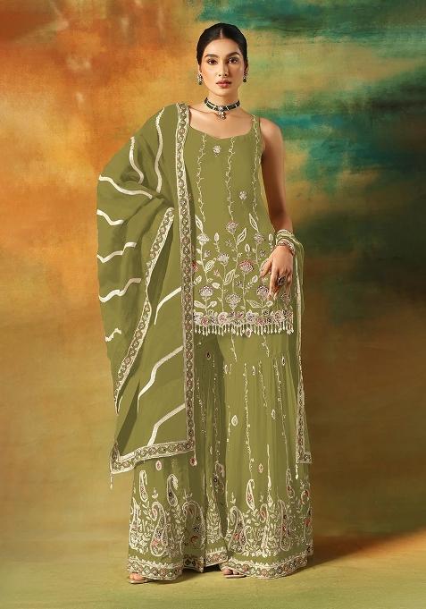 Mehendi Green Embroidery Georgette Pakistani Suit Set