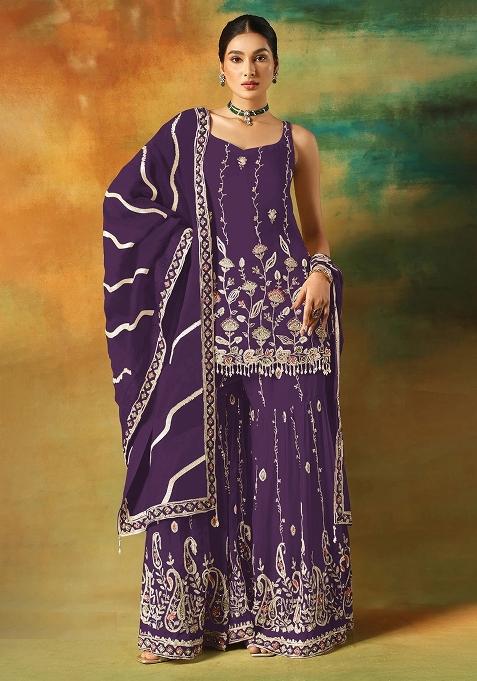 Purple Embroidery Georgette Pakistani Suit Set