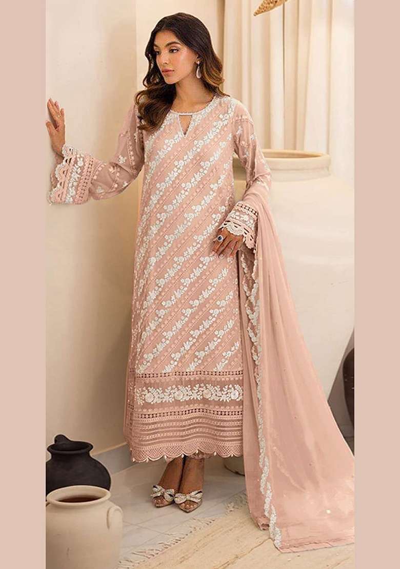 Peach Embroidery Georgette Pakistani Suit Set - Indya