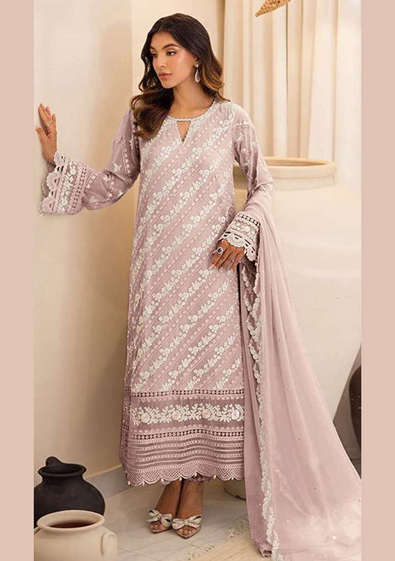 Pink Embroidery Georgette Pakistani Suit Set - Indya