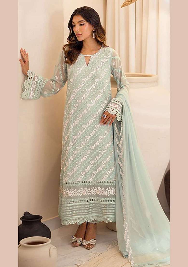 Green Embroidery Georgette Pakistani Suit Set - Indya