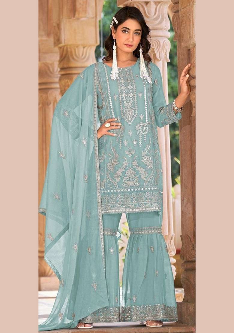 Sky Blue Embroidery Organza Pakistani Suit Set - Indya