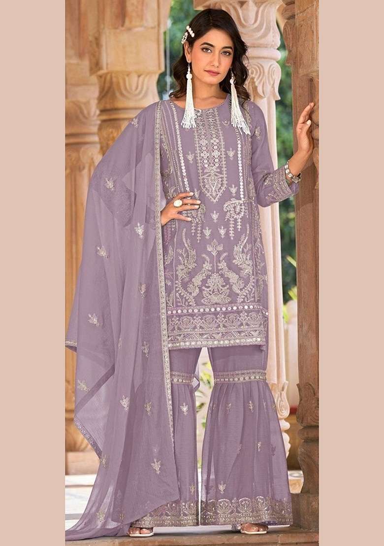 Purple Embroidery Organza Pakistani Suit Set - Indya