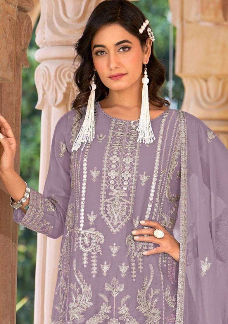 Purple Embroidery Organza Pakistani Suit Set - Indya