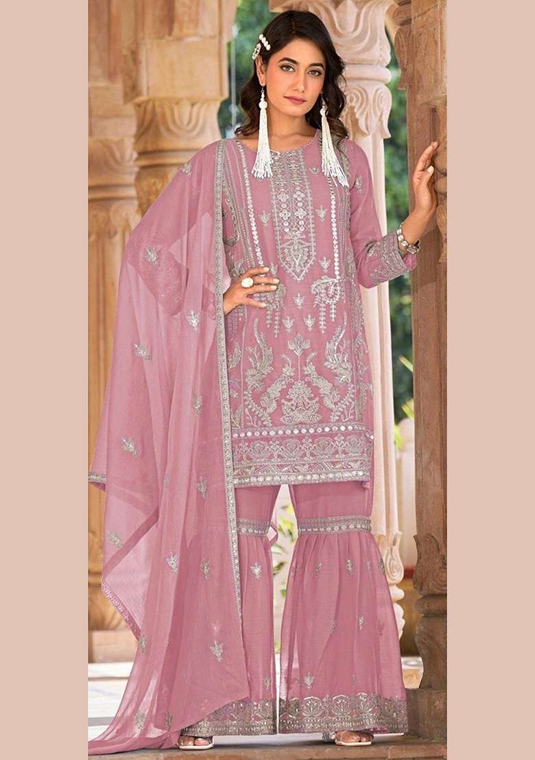 Pink Embroidery Organza Pakistani Suit Set - Indya